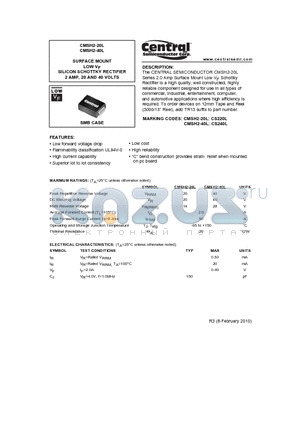 CMSH2-20L_10 datasheet - SURFACE MOUNT LOW VF SILICON SCHOTTKY RECTIFIER 2 AMP, 20 AND 40 VOLTS
