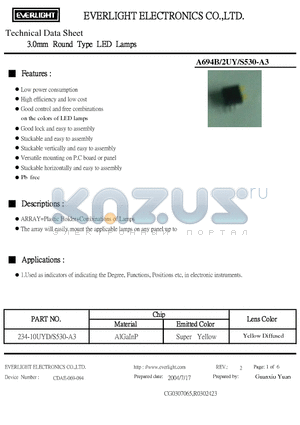 A694B-2UY-S530-A3 datasheet - 3.0mm Round Type LED Lamps