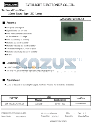 A694B/2SUR/S530-A3 datasheet - 3.0mm Round Type LED Lamps