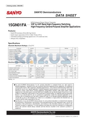 15GN01FA datasheet - NPN Epitaxial Planar Silicon Transistor VHF to UHF Band High-Frequency Switching, High-Frequency General-Purpose Amplifier Applications