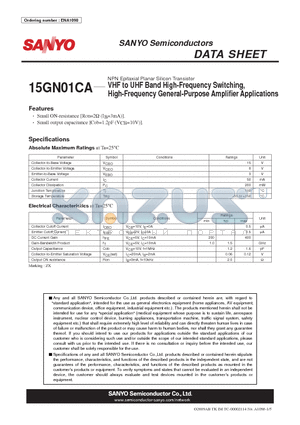 15GN01CA datasheet - NPN Epitaxial Planar Silicon Transistor VHF to UHF Band High-Frequency Switching, High-Frequency General-Purpose Amplifier Applications