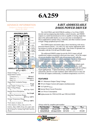 A6A259KLB datasheet - 8-BIT ADDRESSABLE DMOS POWER DRIVER