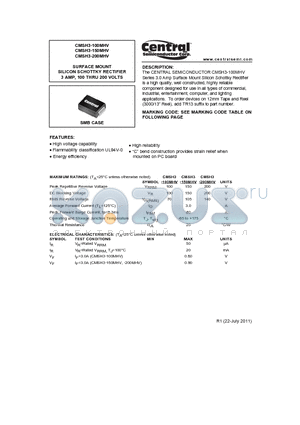 CMSH3-100MHV datasheet - SURFACE MOUNT SILICON SCHOTTKY RECTIFIER 3 AMP, 100 THRU 200 VOLTS