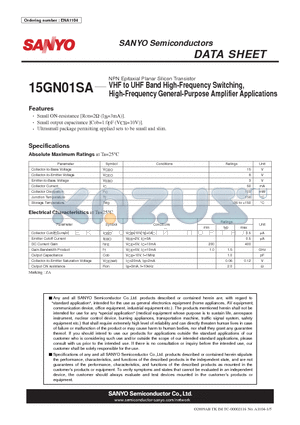 15GN01SA datasheet - NPN Epitaxial Planar Silicon Transistor VHF to UHF Band High-Frequency Switching, High-Frequency General-Purpose Amplifier Applications