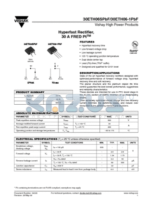 30ETH06-1PBF datasheet - Hyperfast Rectifier, 30 A FRED PtTM