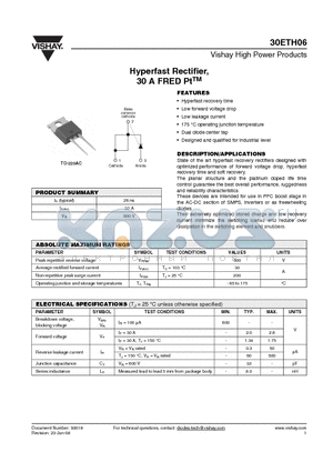 30ETH06 datasheet - Hyperfast Rectifier, 30 A FRED PtTM