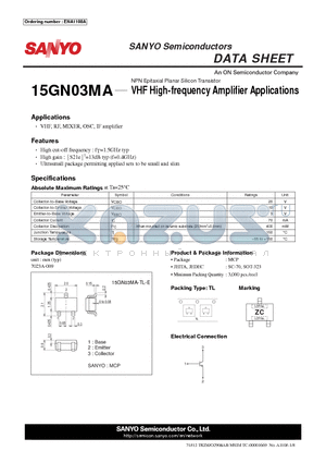 15GN03MA-TL-E datasheet - NPN Epitaxial Planar Silicon Transistor VHF High-frequency Amplifi er Applications