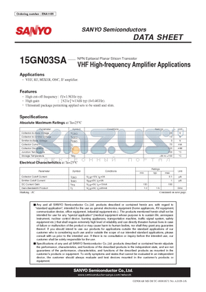 15GN03SA datasheet - NPN Epitaxial Planar Silicon Transistor VHF High-frequency Amplifier Applications
