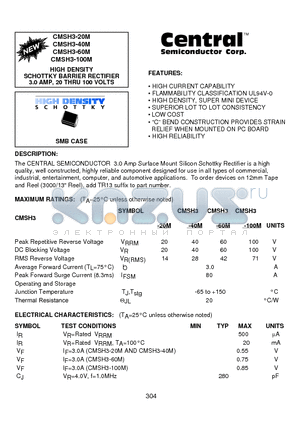 CMSH3-60M datasheet - HIGH DENSITY SCHOTTKY BARRIER RECTIFIER 3.0 AMP, 20 THRU 100 VOLTS