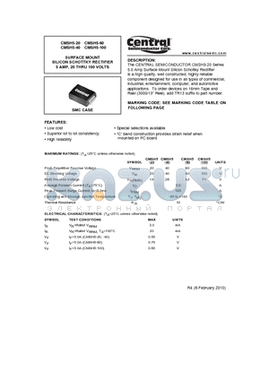 CMSH5-20 datasheet - SURFACE MOUNT SILICON SCHOTTKY RECTIFIER 5 AMP, 20 THRU 100 VOLTS