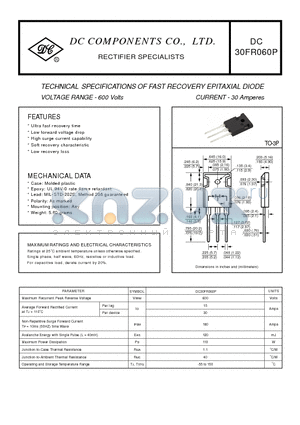 30FR060P datasheet - TECHNICAL SPECIFICATIONS OF FAST RECOVERY EPITAXIAL DIODE VOLTAGE RANGE - 600 Volts