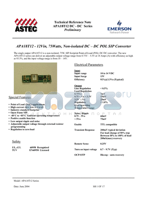 APA18T12-9 datasheet - 12Vin, 75Watts, Non-isolated DC - DC POL SIP Converter