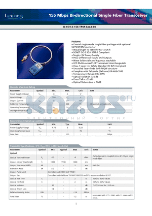 B-15-155-TPM-S datasheet - 155 Mbps Bi-directional Single Fiber Transceiver