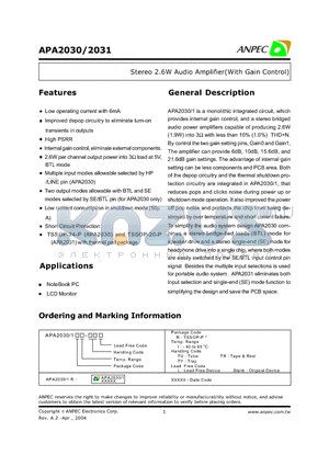 APA2030RI-TRL datasheet - Stereo 2.6W Audio Amplifier(With Gain Control)