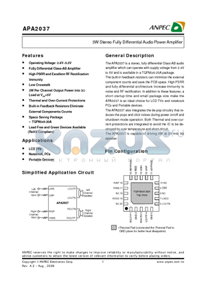 APA2037QBI-TRL datasheet - 3W Stereo Fully Differential Audio Power Amplifier