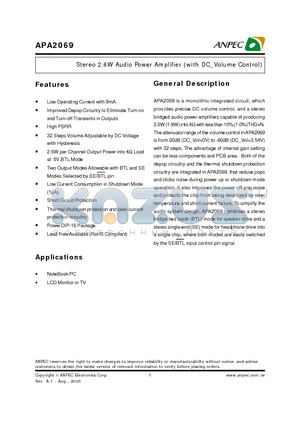 APA2069J-TU datasheet - Stereo 2.6W Audio Power Amplifier (with DC_Volume Control)