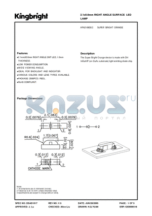 APA2106SEC datasheet - 2.1x0.6mm RIGHT ANGLE SURFACE LED LAMP