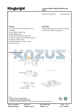 APA2106SECK datasheet - 2.1x0.6mm RIGHT ANGLE SURFACE LED LAMP