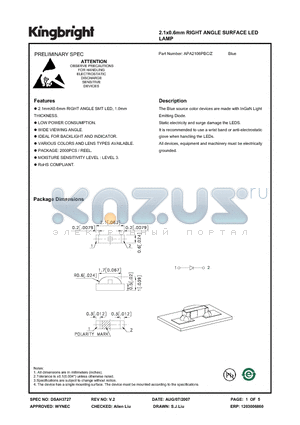 APA2106PBC-Z datasheet - 2.1x0.6mm RIGHT ANGLE SURFACE LED LAMP