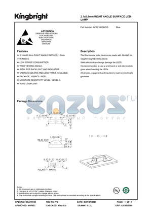 APA2106QBC datasheet - 2.1x0.6mm RIGHT ANGLE SURFACE LED LAMP