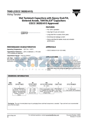 769D datasheet - Wet Tantalum Capacitors with Epoxy End-Fill, Sintered Anode, TANTALEX Capacitors CECC 30202-013 Approved