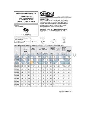 CMSZDA20V datasheet - SURFACE MOUNT DUAL, COMMON ANODE SILICON ZENER DIODES 275mW, 2.4 THRU 47 VOLTS