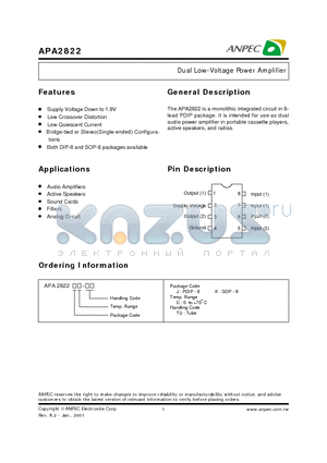 APA2822 datasheet - Dual Low-Voltage Power Amplifier