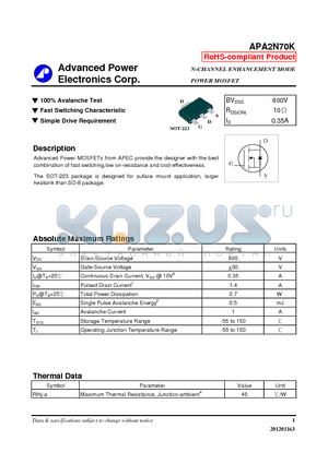 APA2N70K_12 datasheet - N-CHANNEL ENHANCEMENT MODE POWER MOSFET