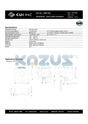 CMT-1261 datasheet - piezo audio transducer