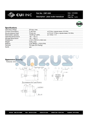 CMT-1603 datasheet - piezo audio transducer