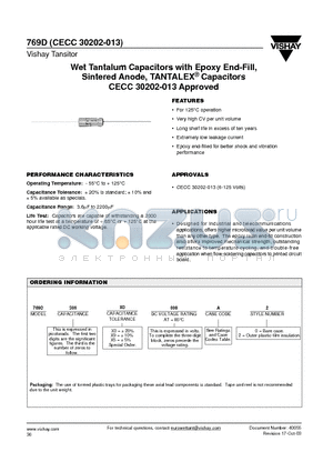 769D306X0006A0 datasheet - Wet Tantalum Capacitors with Epoxy End-Fill, Sintered Anode, TANTALEX Capacitors CECC 30202-013 Approved