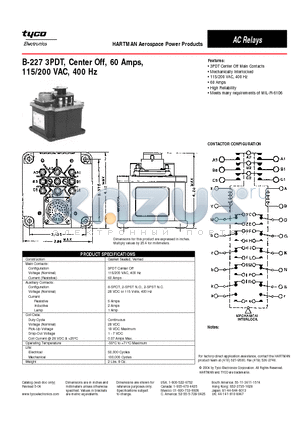 B-227 datasheet - B-227 3PDT, Center Off, 60 Amps, 115/200 VAC, 400 Hz