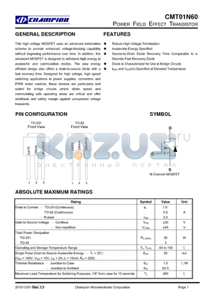 CMT01N60 datasheet - POWER FIELD EFFECT TRANSISTOR