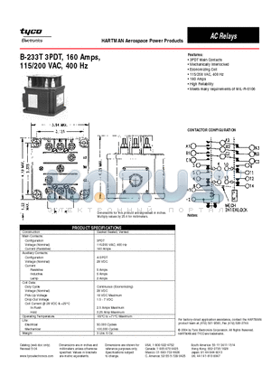 B-233T datasheet - B-233T 3PDT, 160 Amps, 115/200 VAC, 400 Hz