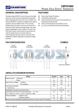 CMT01N60N252 datasheet - POWER FIELD EFFECT TRANSISTOR