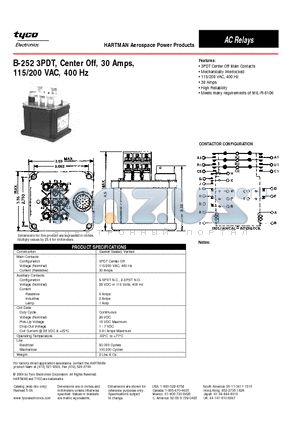 B-252 datasheet - B-252 3PDT, Center Off, 30 Amps,115/200 VAC, 400 Hz