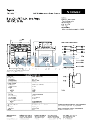 B-312CS datasheet - B-312CS 3PST N.O., 100 Amps,380 VAC, 50 Hz