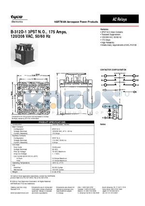 B-312D-1 datasheet - B-312D-1 3PST N.O., 175 Amps, 120/208 VAC, 50/60 Hz