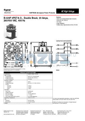 B-329P datasheet - B-329P 3PST N.O., Double Break, 20 Amps, 260/450 VAC, 400 Hz