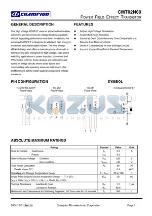 CMT02N60GN251 datasheet - POWER FIELD EFFECT TRANSISTOR