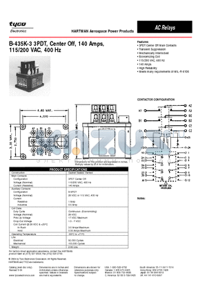 B-435K-3 datasheet - B-435K-3 3PDT, Center Off, 140 Amps,115/200 VAC, 400 Hz