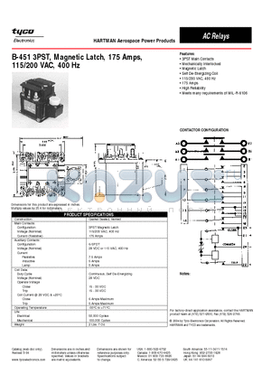 B-451 datasheet - B-451 3PST, Magnetic Latch, 175 Amps,115/200 VAC, 400 Hz