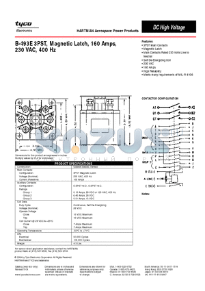 B-493E datasheet - B-493E 3PST, Magnetic Latch, 160 Amps,230 VAC, 400 Hz