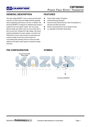 CMT06N60 datasheet - POWER FIELD EFFECT TRANSISTOR