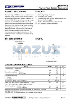 CMT07N60 datasheet - POWER FIELD EFFECT TRANSISTOR