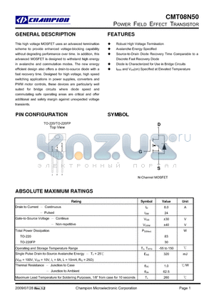 CMT08N50GN220 datasheet - POWER FIELD EFFECT TRANSISTOR