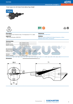 4370 datasheet - Power Supply Cord with Shako Power (Mains) Plug, Straight