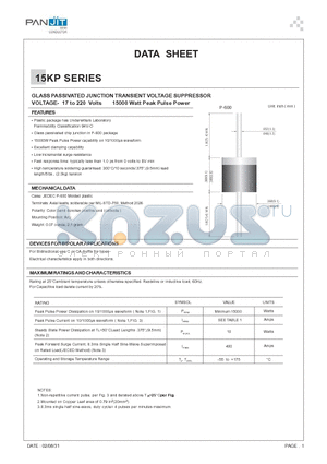 15KP datasheet - GLASS PASSIVATED JUNCTION TRANSIENT (VOLTAGE SUPPRESSOR VOLTAGE- 17 to 220 Volts 15000 Watt Peak Pulse Power)