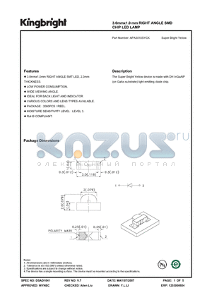 APA3010SYCK datasheet - 3.0mmx1.0 mm RIGHT ANGLE SMD CHIP LED LAMP