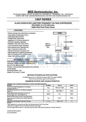 15KP100CA datasheet - GLASS PASSIVATED JUNCTION TRANSIENT VOLTAGE SUPPRESSOR